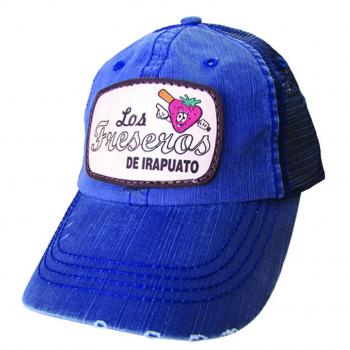 GORRA DE MEZCLILLA CON MAYA AZUL, LOGO LOS FRESEROS DE IRAPUATO. Mezclilla and maya cap in color blue with logo Irapuato Strawberry sellers.