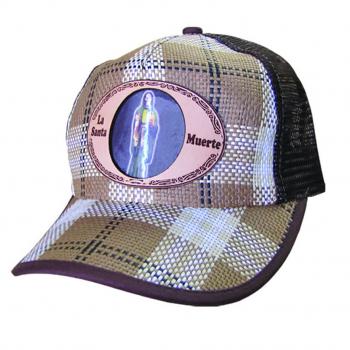 GORRA CUADRO CAFE CON MAYA CAFE Y LOGO LA SANTA MUERTE . Squared Cap in brown color with brown maya, the holy death.